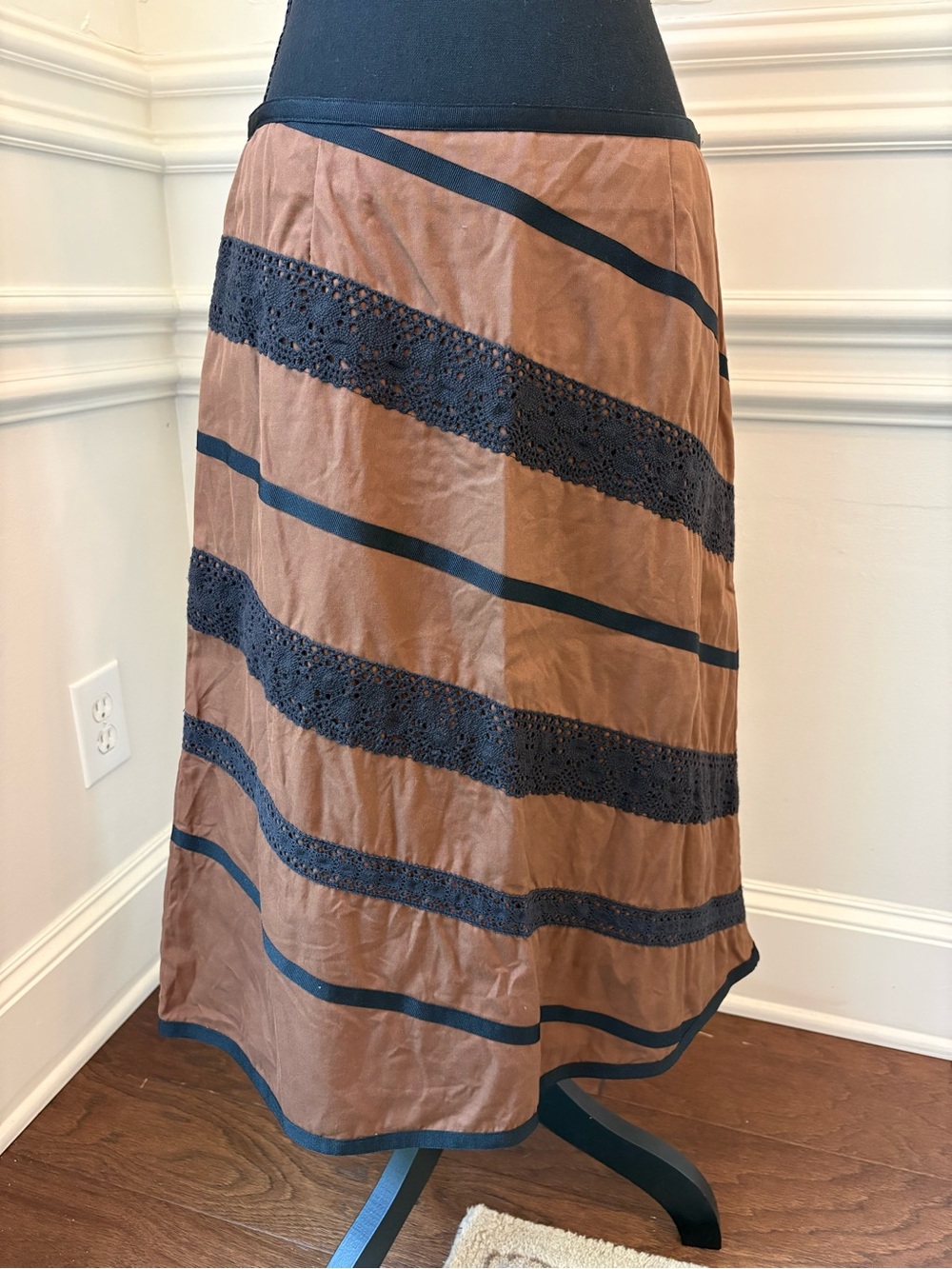 Vintage Harold’s Brown A-Line Skirt with Black Lace Stripes